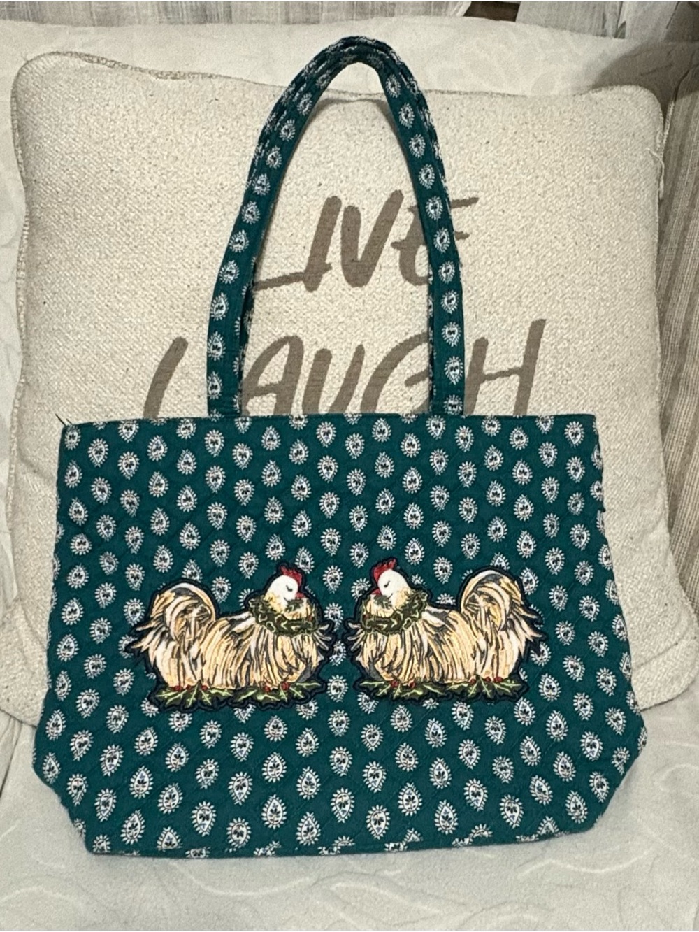 Vera Bradley Teal Patterned Tote with Embroidered Chickens